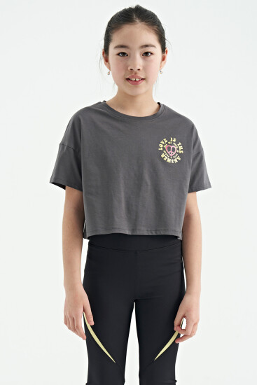 Koyu Gri Ön Arka Baskılı O Yaka Düşük Omuz Oversize Kısa Kollu Kız Çocuk T-Shirt - 75126 
