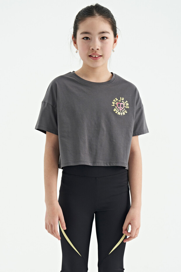 Koyu Gri Ön Arka Baskılı O Yaka Düşük Omuz Oversize Kısa Kollu Kız Çocuk T-Shirt - 75126