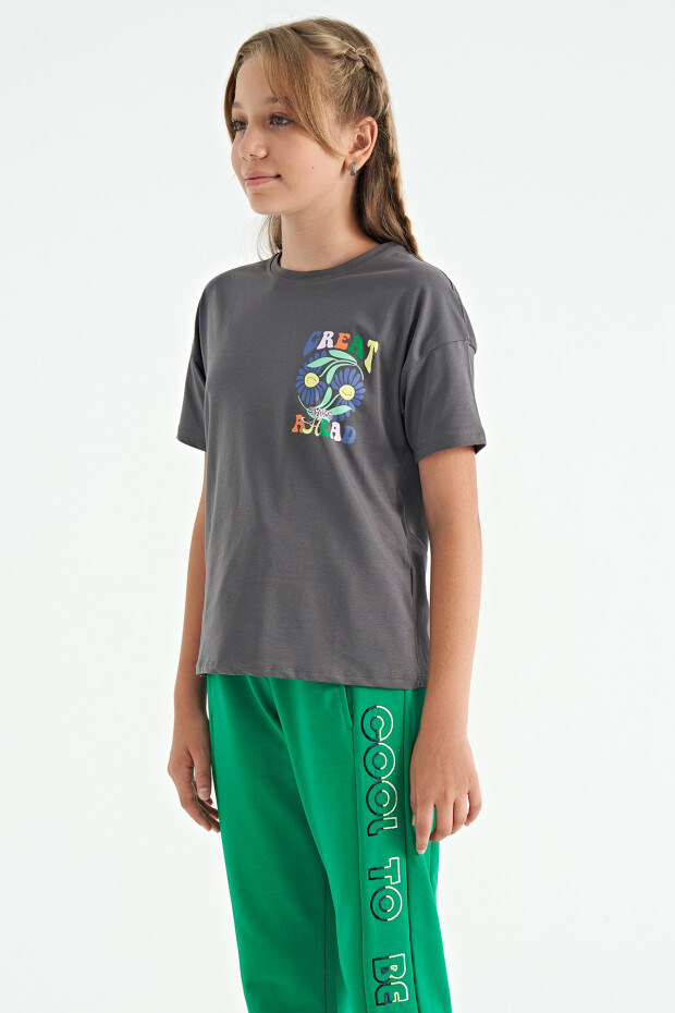 Koyu Gri Ön Arka Çok Renkli Baskılı Oversize Kısa Kollu Kız Çocuk T-Shirt - 75117