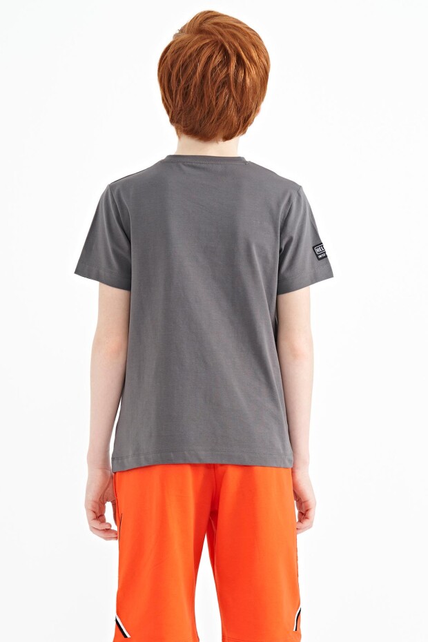 Koyu Gri Ön Baskı Detaylı O Yaka Standart Kalıp Erkek Çocuk T-Shirt - 11099