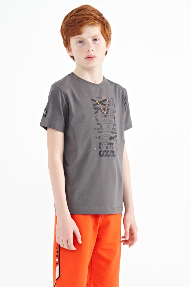 Koyu Gri Ön Baskı Detaylı O Yaka Standart Kalıp Erkek Çocuk T-Shirt - 11099