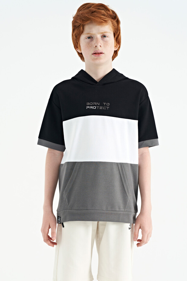 Koyu Gri Renk Bloklu Kanguru Cepli Kapüşonlu Oversize Erkek Çocuk T-Shirt - 11150