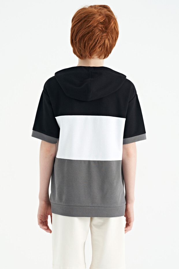 Koyu Gri Renk Bloklu Kanguru Cepli Kapüşonlu Oversize Erkek Çocuk T-Shirt - 11150