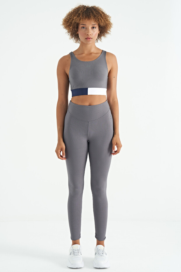 Koyu Gri Renk Bloklu Logo Baskılı Dar Kalıp Fitilli Kadın Büstiyer - 97275 - 2