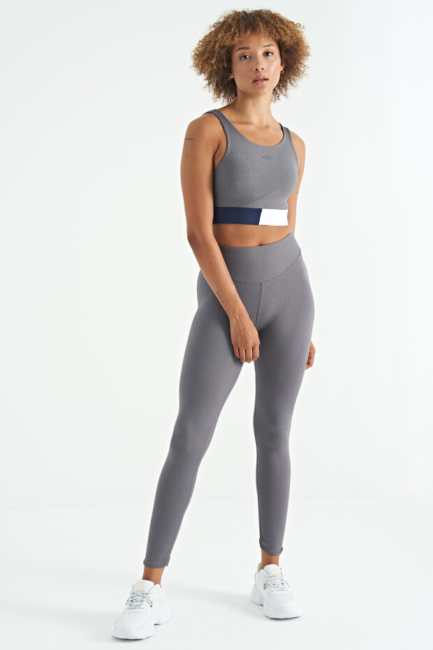 Koyu Gri Renk Bloklu Logo Baskılı Dar Kalıp Fitilli Kadın Büstiyer - 97275 - 8