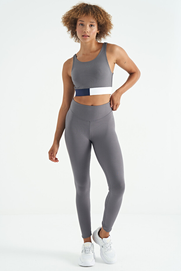 Koyu Gri Renk Bloklu Logo Baskılı Dar Kalıp Fitilli Kadın Büstiyer - 97275 - 5