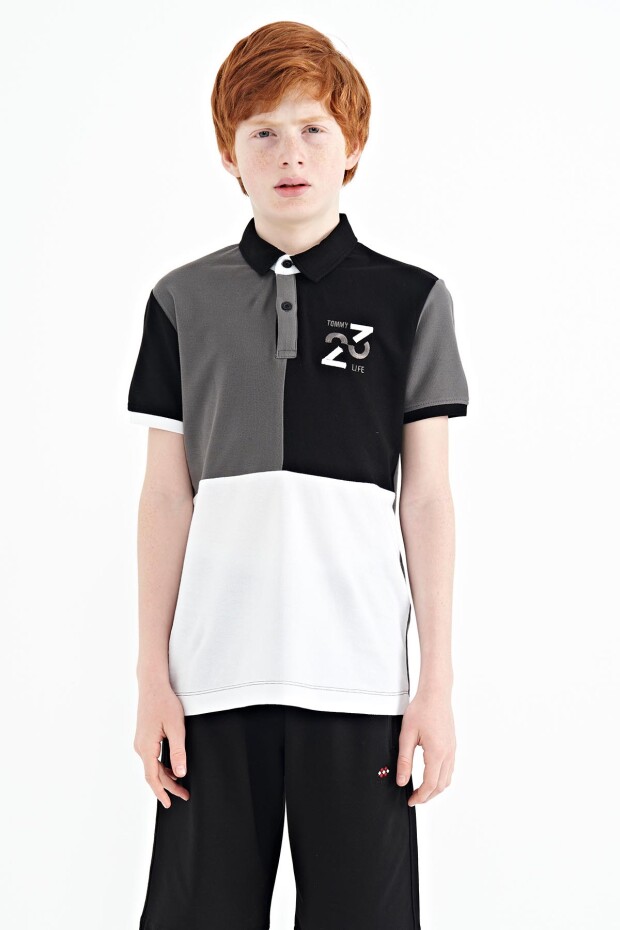Koyu Gri Renk Bloklu Nakış Detaylı Standart Kalıp Polo Yaka Erkek Çocuk T-Shirt - 11108