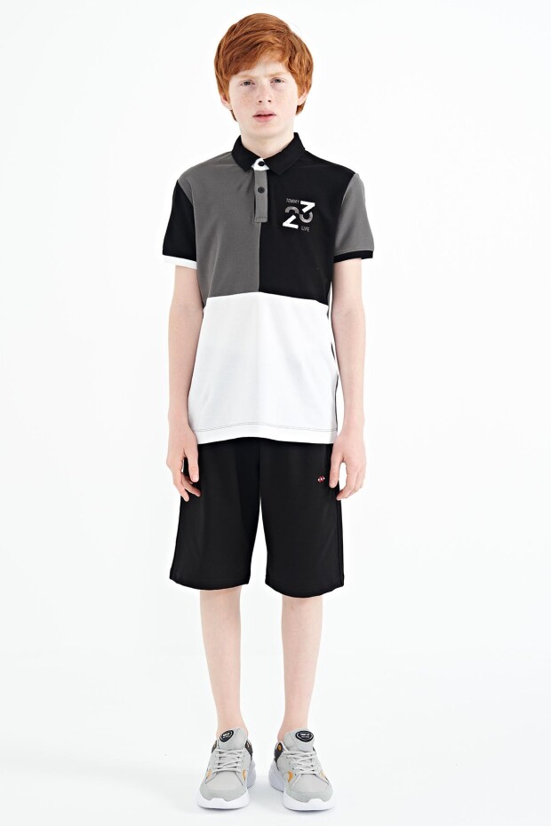 Koyu Gri Renk Bloklu Nakış Detaylı Standart Kalıp Polo Yaka Erkek Çocuk T-Shirt - 11108