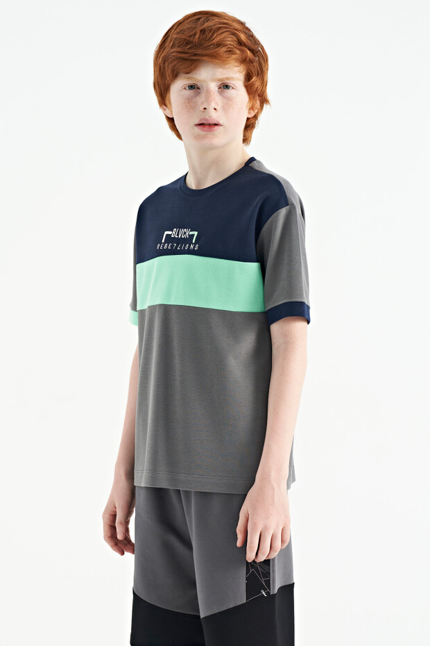 Koyu Gri Renk Geçişli Nakışlı Oversize Erkek Çocuk T-Shirt - 11159 - 8