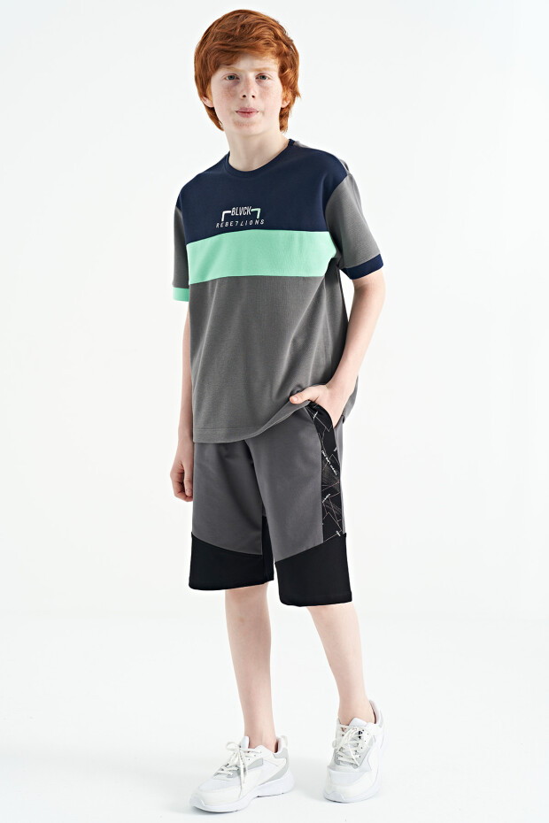 Koyu Gri Renk Geçişli Nakışlı Oversize Erkek Çocuk T-Shirt - 11159 - 11