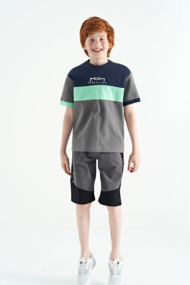 Koyu Gri Renk Geçişli Nakışlı Oversize Erkek Çocuk T-Shirt - 11159 - 14