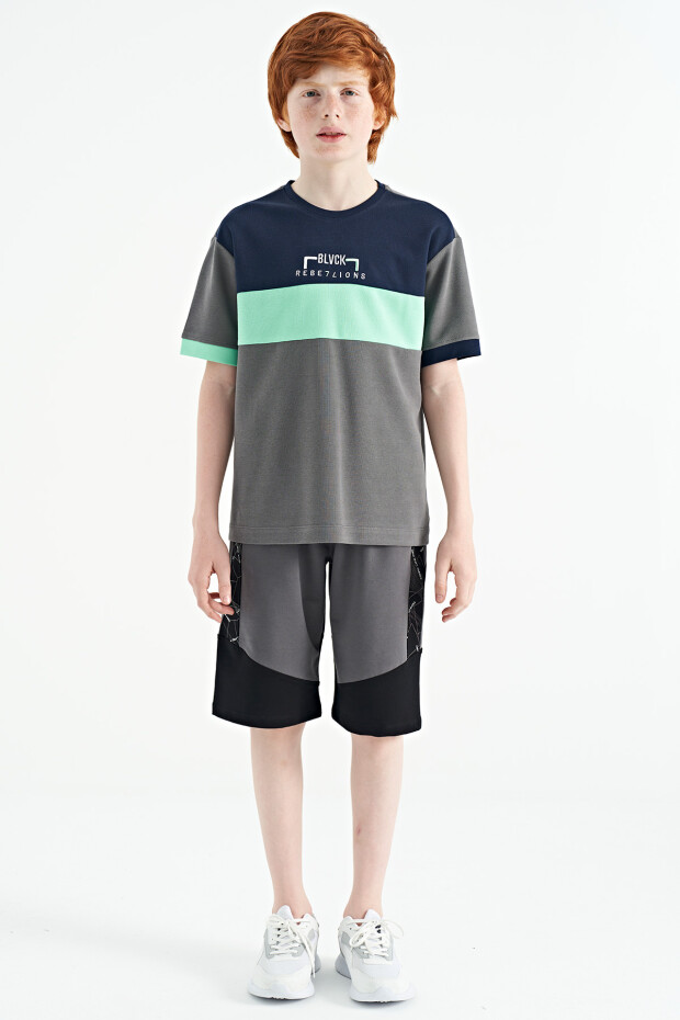 Koyu Gri Renk Geçişli Nakışlı Oversize Erkek Çocuk T-Shirt - 11159 - 2