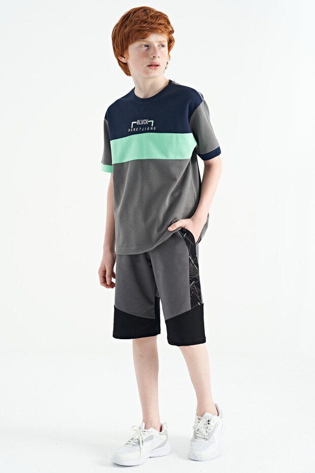 Koyu Gri Renk Geçişli Nakışlı Oversize Erkek Çocuk T-Shirt - 11159