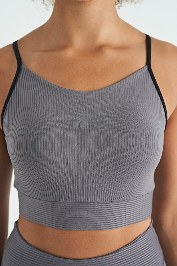 Koyu Gri Sırt Çapraz Detaylı Logo Baskılı Dar Kalıp Fitilli Kadın Büstiyer - 97274 - 5