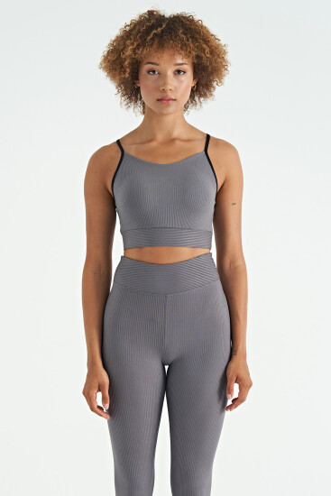 Koyu Gri Sırt Çapraz Detaylı Logo Baskılı Dar Kalıp Fitilli Kadın Büstiyer - 97274 - TOMMYLIFE