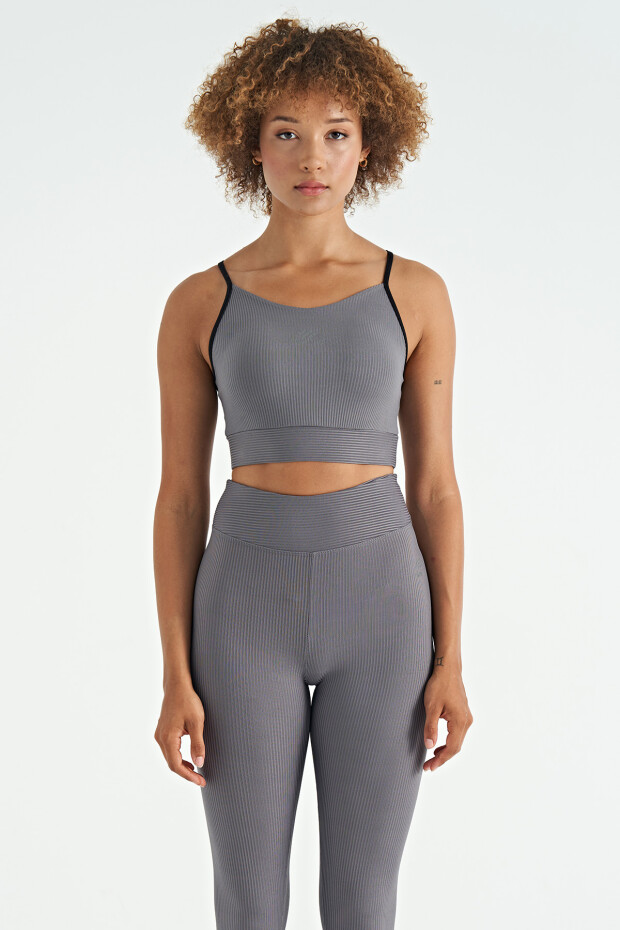 Koyu Gri Sırt Çapraz Detaylı Logo Baskılı Dar Kalıp Fitilli Kadın Büstiyer - 97274 - 1