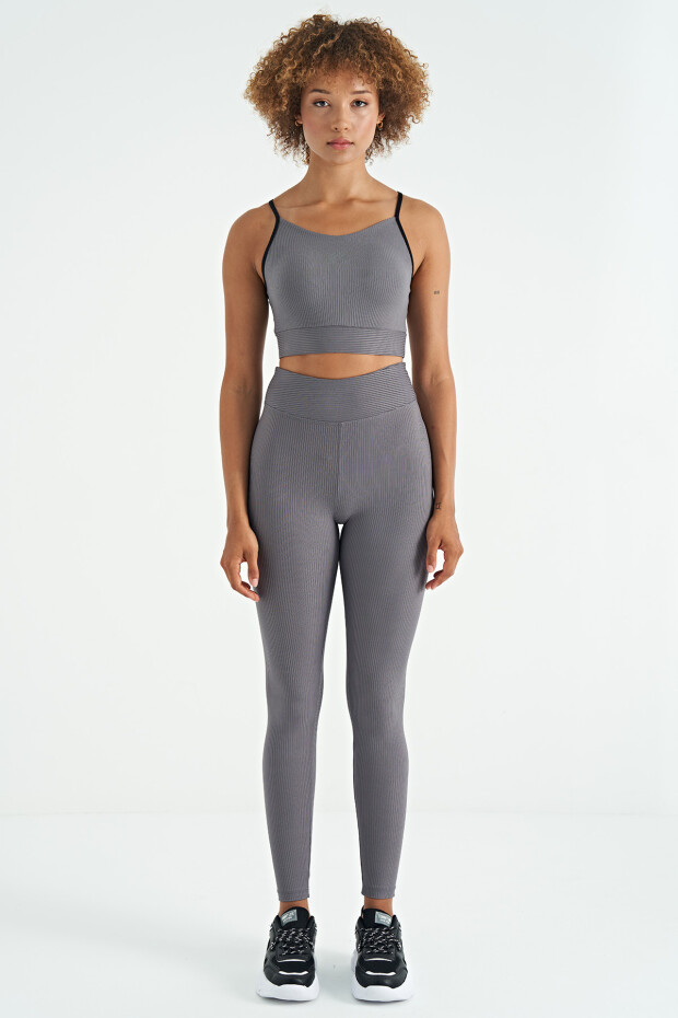 Koyu Gri Sırt Çapraz Detaylı Logo Baskılı Dar Kalıp Fitilli Kadın Büstiyer - 97274 - 4