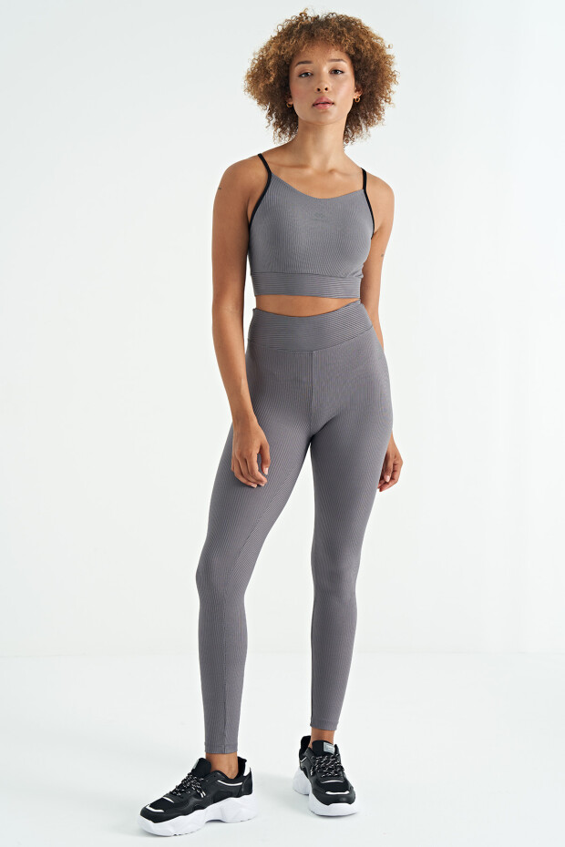 Koyu Gri Sırt Çapraz Detaylı Logo Baskılı Dar Kalıp Fitilli Kadın Büstiyer - 97274 - 8