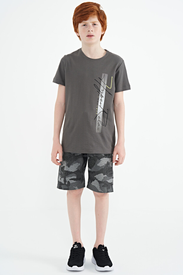 Koyu Gri Yazı Baskılı O Yaka Standart Kalıp Erkek Çocuk T-Shirt - 11119 - 2