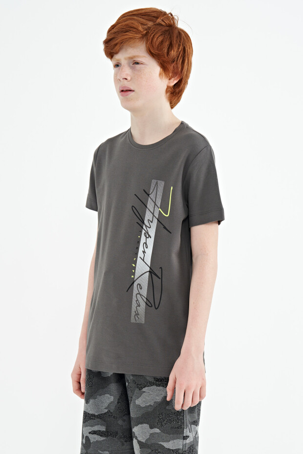Koyu Gri Yazı Baskılı O Yaka Standart Kalıp Erkek Çocuk T-Shirt - 11119 - 3