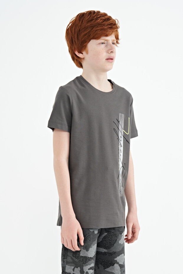 Koyu Gri Yazı Baskılı O Yaka Standart Kalıp Erkek Çocuk T-Shirt - 11119 - 6