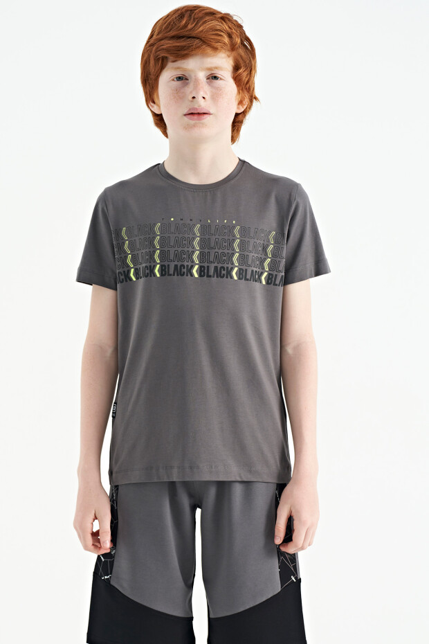 Koyu Gri Yazı Baskılı O Yaka Standart Kalıp Erkek Çocuk T-Shirt - 11149