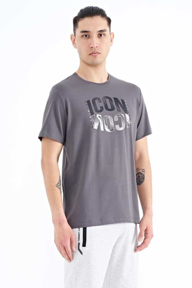 Koyu Gri Yazı Baskılı O Yaka Standart Kalıp Erkek T-Shirt - 88174