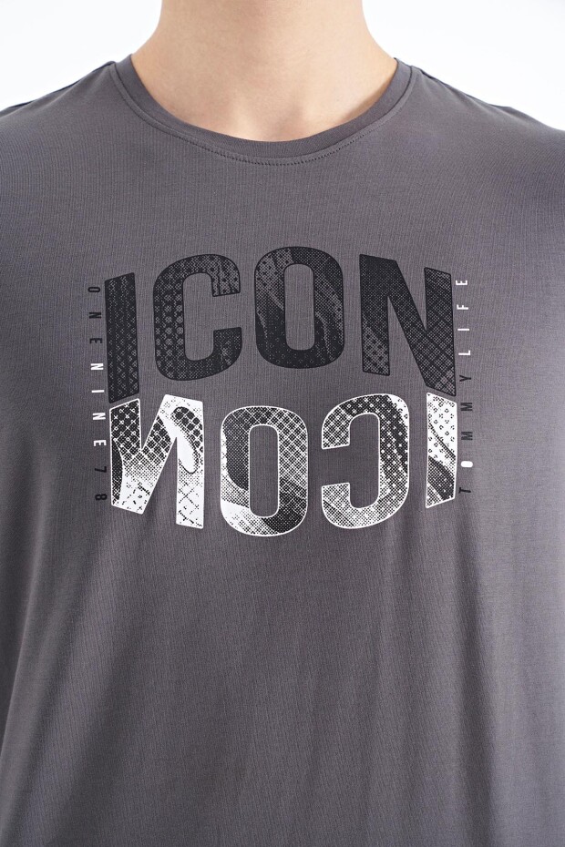 Koyu Gri Yazı Baskılı O Yaka Standart Kalıp Erkek T-Shirt - 88174