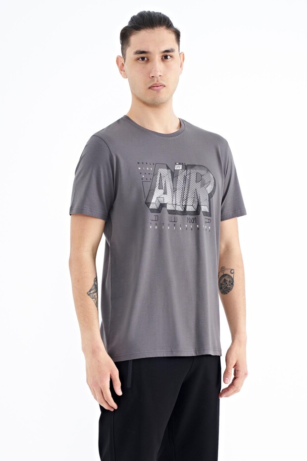 Koyu Gri Yazı Baskılı O Yaka Standart Kalıp Erkek T-Shirt - 88199