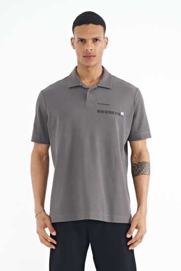 Koyu Gri Yazı Baskılı Standart Form Polo Yaka Erkek T-shirt - 88236 