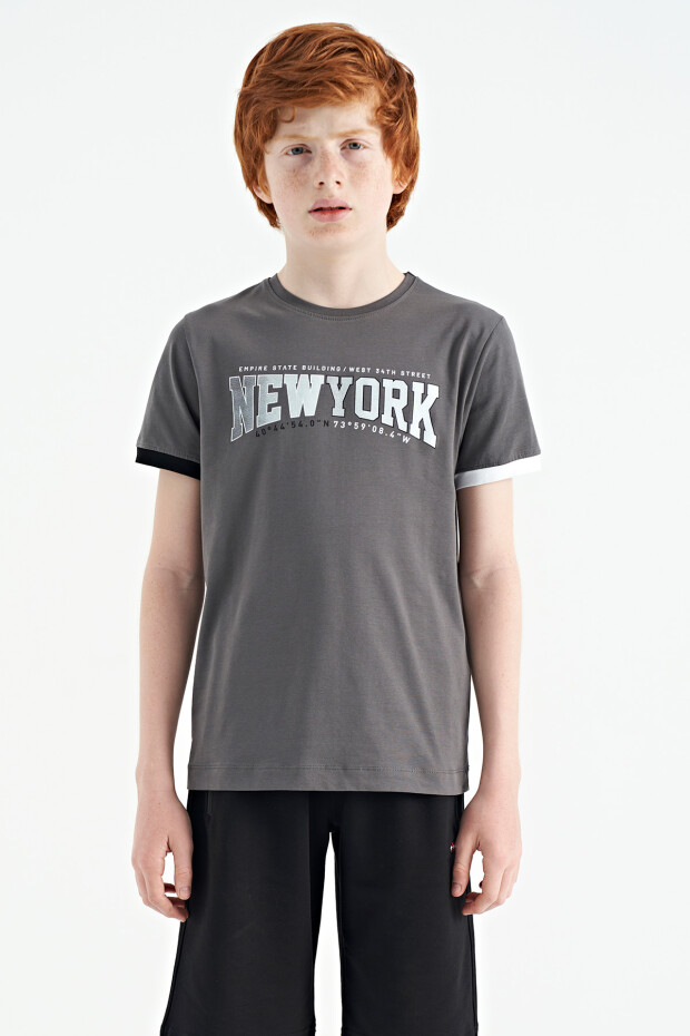 Koyu Gri Yazı Baskılı Standart Kalıp O Yaka Erkek Çocuk T-Shirt - 11105