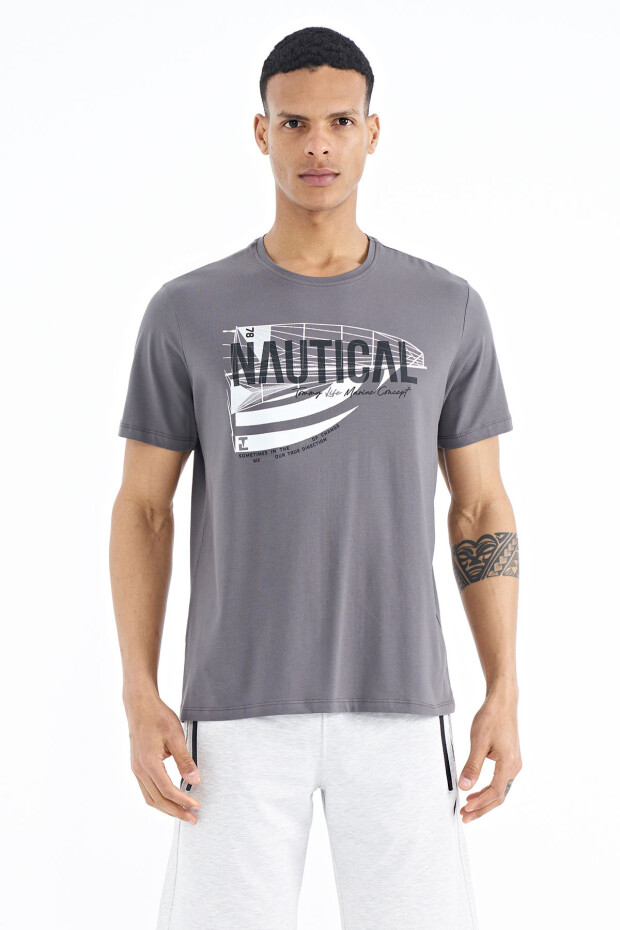 Koyu Gri Yazı Baskılı Standart Kalıp O Yaka Erkek T-Shirt - 88171