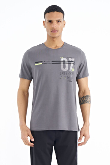 Koyu Gri Yazı Baskılı Standart Kalıp O Yaka Erkek T-Shirt - 88189 