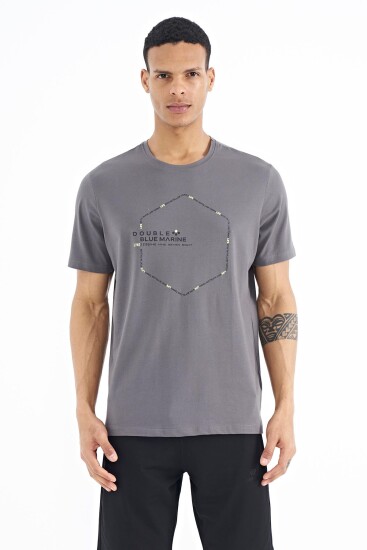 Koyu Gri Yazı Geometri Basklı Standart Kalıp Erkek T-shirt - 88198 