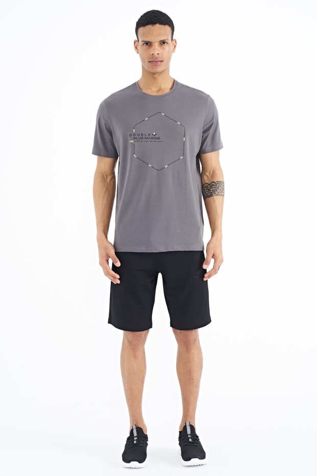 Koyu Gri Yazı Geometri Basklı Standart Kalıp Erkek T-shirt - 88198