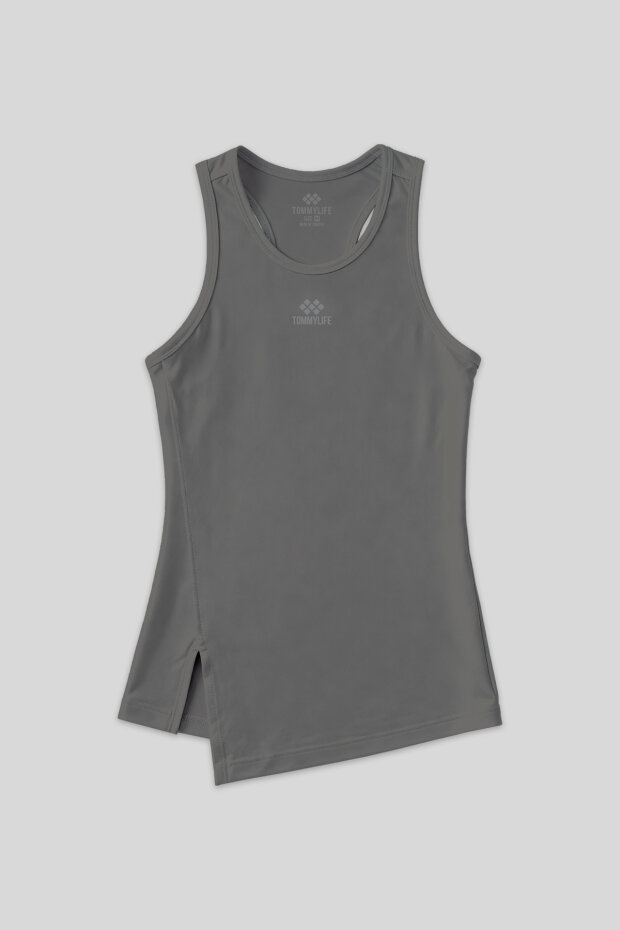 Koyu Gri Yırtmaç Detaylı O Yaka Sıfır Kollu Standart Kalıp Kadın Spor Atlet - 97256 - 1