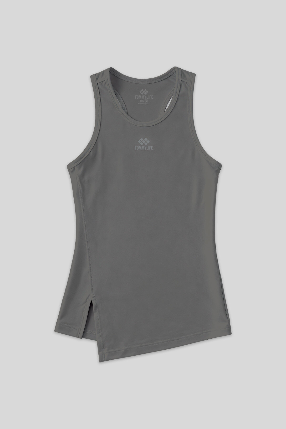 Koyu Gri Yırtmaç Detaylı O Yaka Sıfır Kollu Standart Kalıp Kadın Spor Atlet - 97256 - TOMMYLIFE