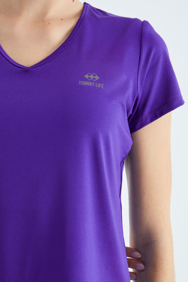 Koyu Mor Basic Kısa Kol Standart Kalıp V Yaka Kadın T-Shirt - 97145