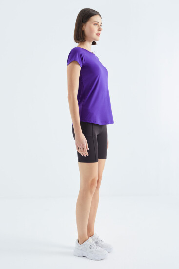 Koyu Mor Sırt Pencereli Kısa Kol Standart Kalıp O Yaka Kadın T-Shirt - 97101 - TOMMYLIFE (1)