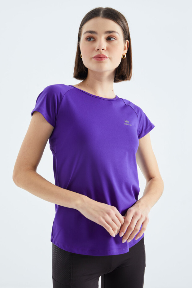 Koyu Mor Sırt Pencereli Kısa Kol Standart Kalıp O Yaka Kadın T-Shirt - 97101