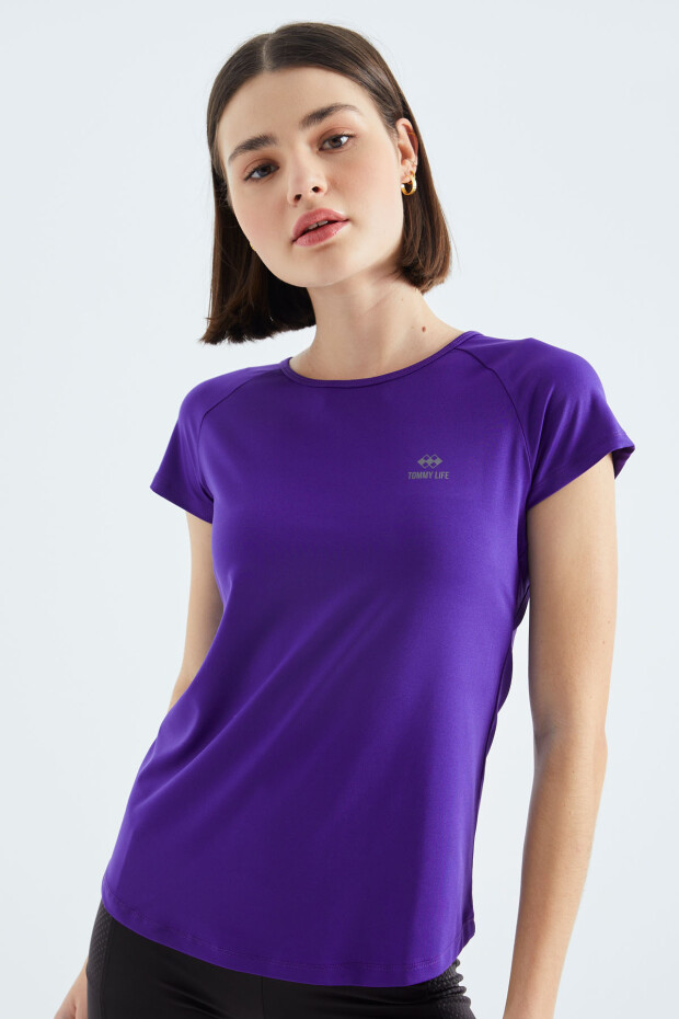 Koyu Mor Sırt Pencereli Kısa Kol Standart Kalıp O Yaka Kadın T-Shirt - 97101