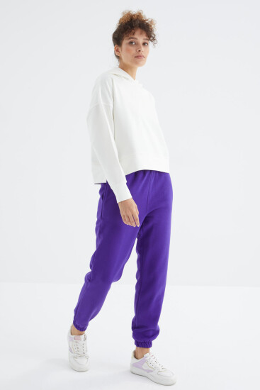 Koyu Mor Yüksek Bel Şardonlu 3 İplik Pamuklu Basic Kadın Eşofman Alt - 94624 