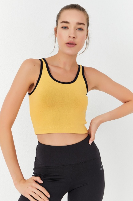 Koyu Sarı Basic Sıfır Kol Dar Kalıp U Yaka Kadın Crop Top Atlet - 97162 - Thumbnail