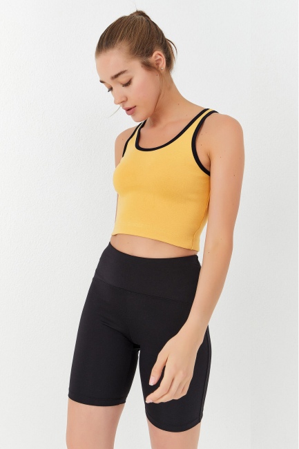 Koyu Sarı Basic Sıfır Kol Dar Kalıp U Yaka Kadın Crop Top Atlet - 97162 - Thumbnail