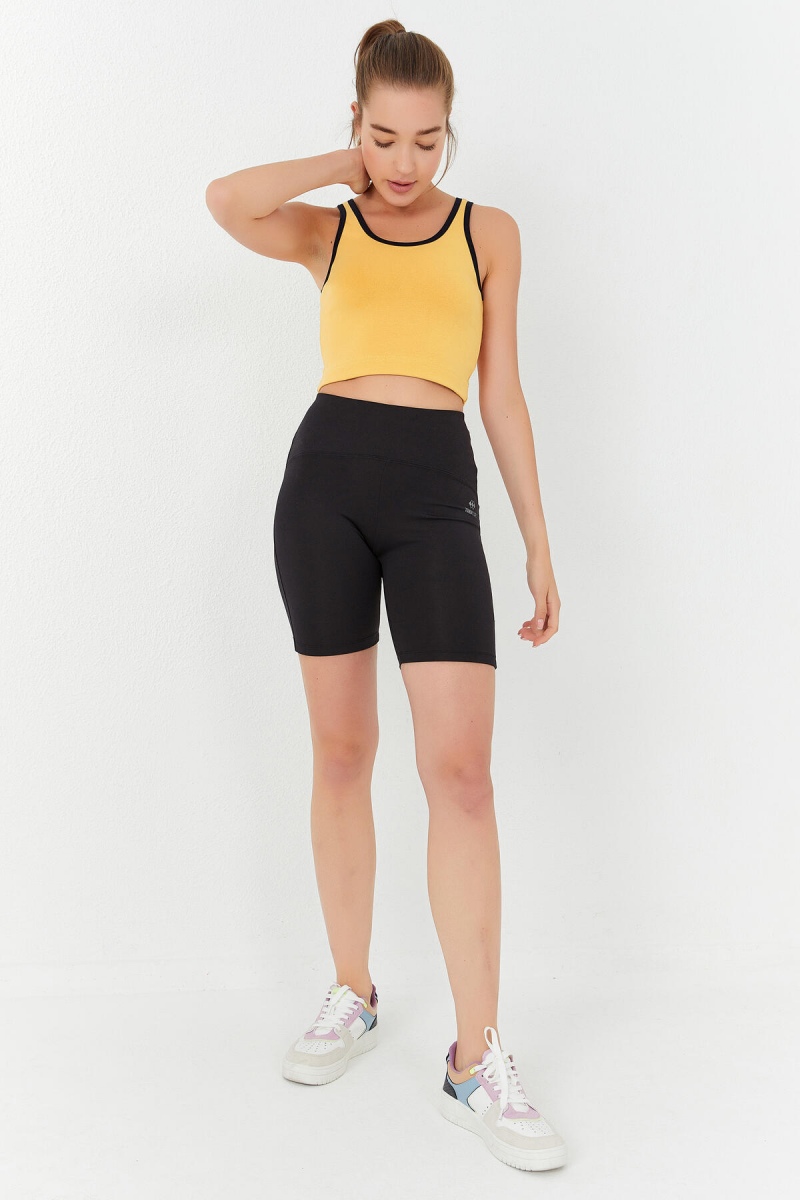 Koyu Sarı Basic Sıfır Kol Dar Kalıp U Yaka Kadın Crop Top Atlet - 97162