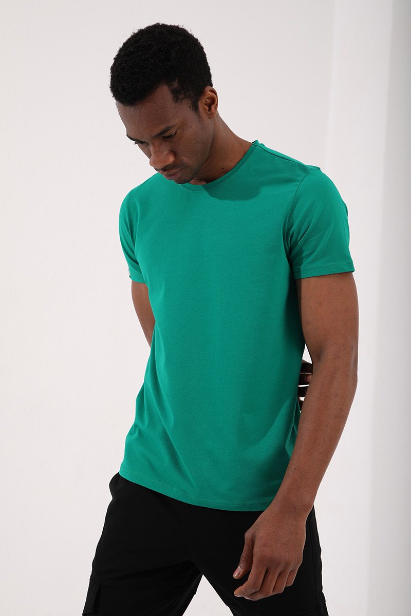 Koyu Yeşil Erkek Basic Kısa Kol Standart Kalıp O Yaka T-shirt - 87911