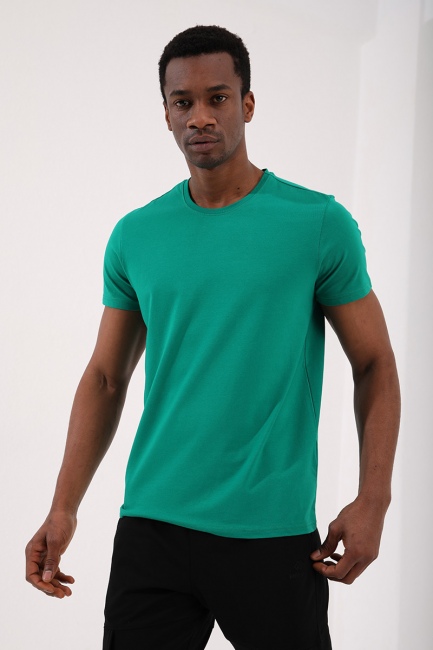 Koyu Yeşil Erkek Basic Kısa Kol Standart Kalıp O Yaka T-shirt - 87911 - Thumbnail