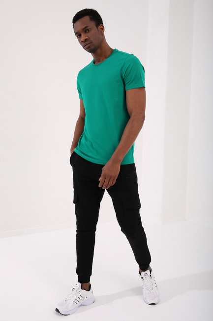 Koyu Yeşil Erkek Basic Kısa Kol Standart Kalıp O Yaka T-shirt - 87911 - Thumbnail