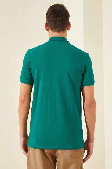 Koyu Yeşil Basic Göğüs Logolu Standart Kalıp Triko Polo Yaka Erkek T-Shirt - 87768 - Thumbnail