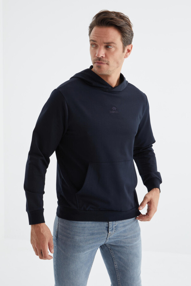 Lacivert Basic Kanguru Cepli Kapüşonlu Rahat Form Erkek Sweatshirt - 88147